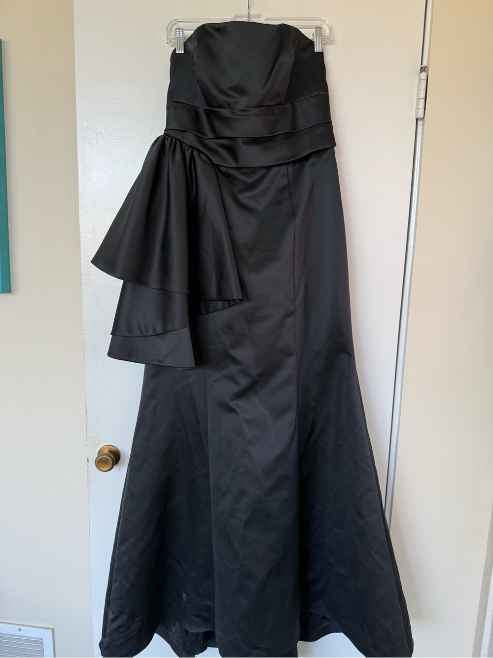 Strapless Black Satin Evening Gown with Side Draped Detail